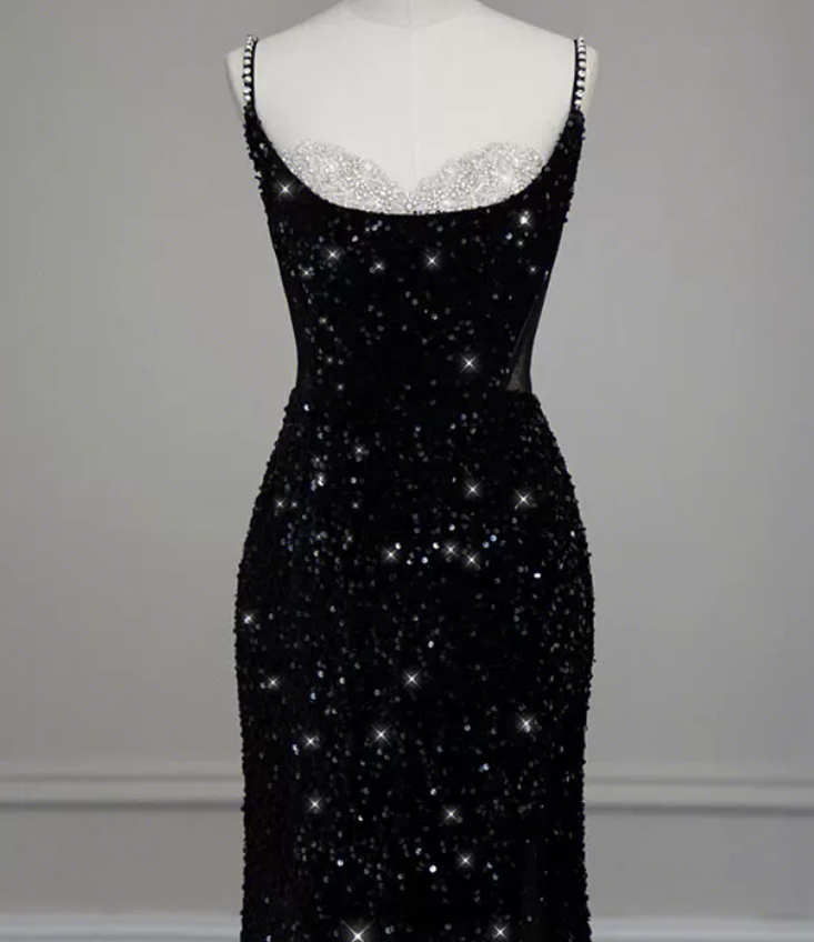Glittering Spaghetti Straps Black Prom Dress Beaded Sequins Slit Mermaid Evening Dress C8949