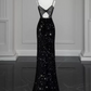 Glittering Spaghetti Straps Black Prom Dress Beaded Sequins Slit Mermaid Evening Dress C8949