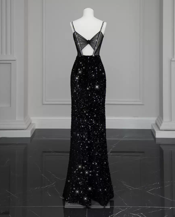 Glittering Spaghetti Straps Black Prom Dress Beaded Sequins Slit Mermaid Evening Dress C8949