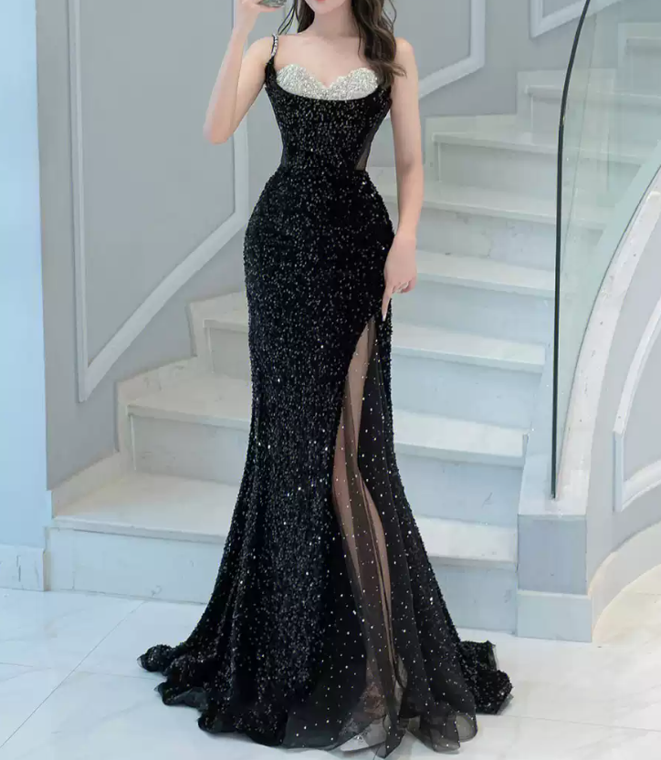Glittering Spaghetti Straps Black Prom Dress Beaded Sequins Slit Mermaid Evening Dress C8949