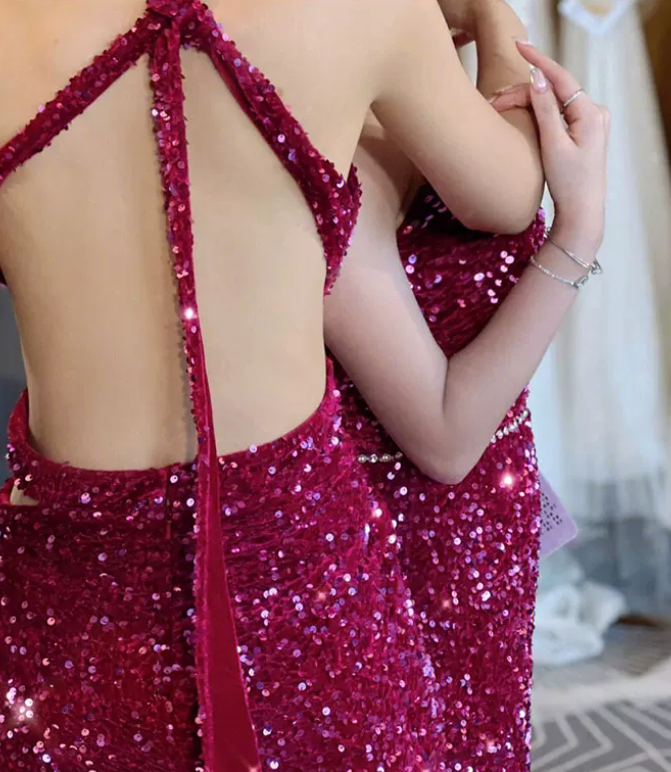 Trendy Asymmetrical Neck Fuchsia Prom Dress Sequins Cutout Mermaid Evening Dress C8950