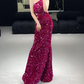Trendy Asymmetrical Neck Fuchsia Prom Dress Sequins Cutout Mermaid Evening Dress C8950