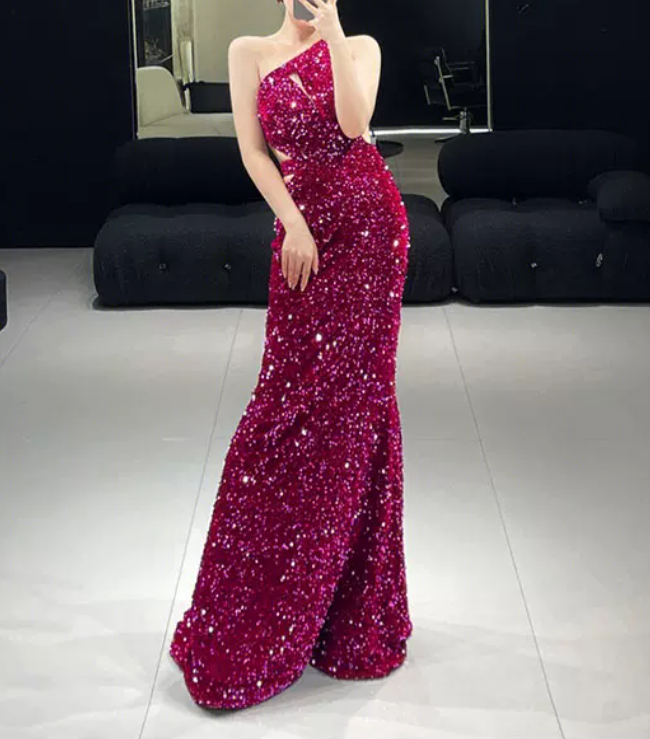 Trendy Asymmetrical Neck Fuchsia Prom Dress Sequins Cutout Mermaid Evening Dress C8950