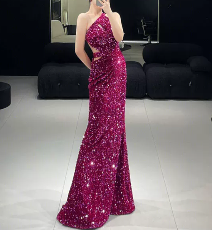 Trendy Asymmetrical Neck Fuchsia Prom Dress Sequins Cutout Mermaid Evening Dress C8950