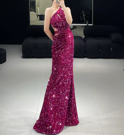Trendy Asymmetrical Neck Fuchsia Prom Dress Sequins Cutout Mermaid Evening Dress C8950