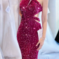 Trendy Asymmetrical Neck Fuchsia Prom Dress Sequins Cutout Mermaid Evening Dress C8950