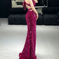 Trendy Asymmetrical Neck Fuchsia Prom Dress Sequins Cutout Mermaid Evening Dress C8950