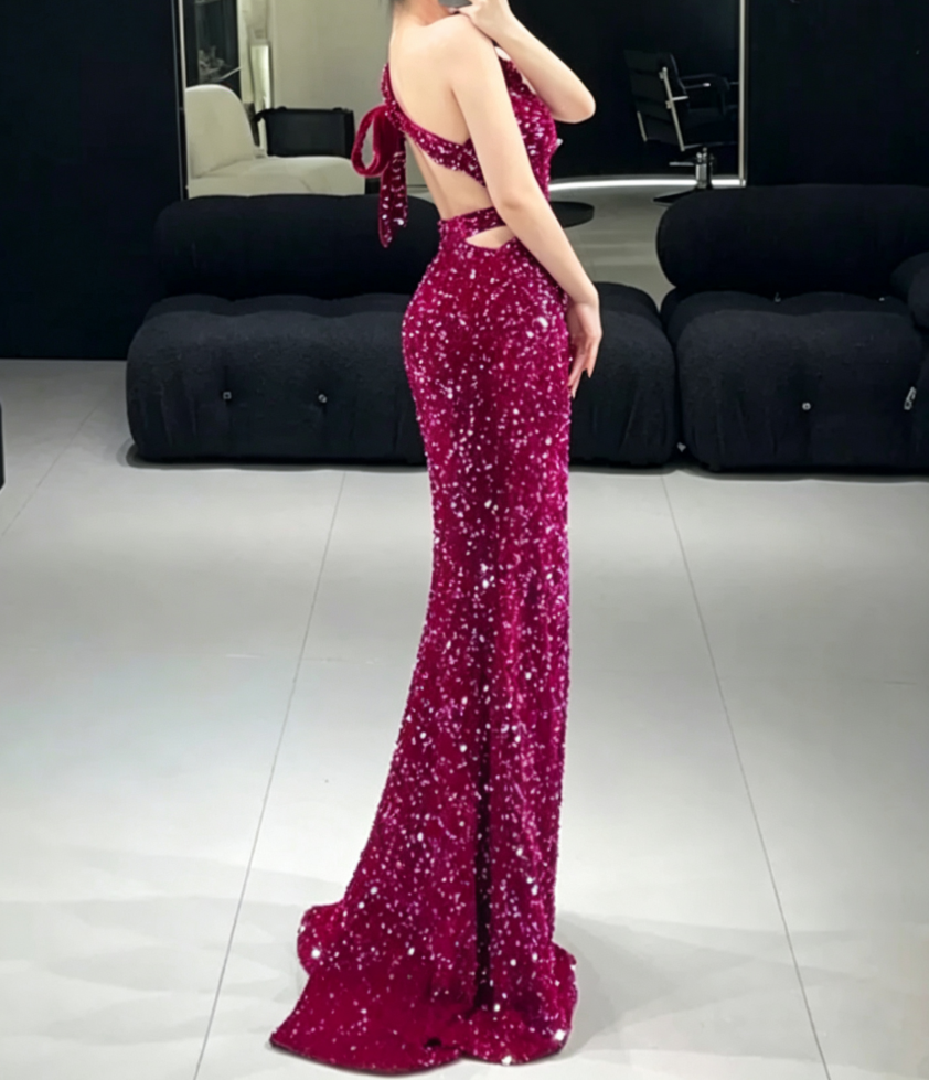 Trendy Asymmetrical Neck Fuchsia Prom Dress Sequins Cutout Mermaid Evening Dress C8950
