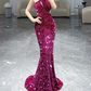Trendy Asymmetrical Neck Fuchsia Prom Dress Sequins Cutout Mermaid Evening Dress C8950