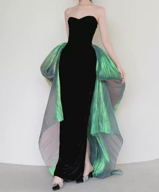 Simple Strapless Black Prom Dress Green Tulle Slit Mermaid Evening Dress C8951