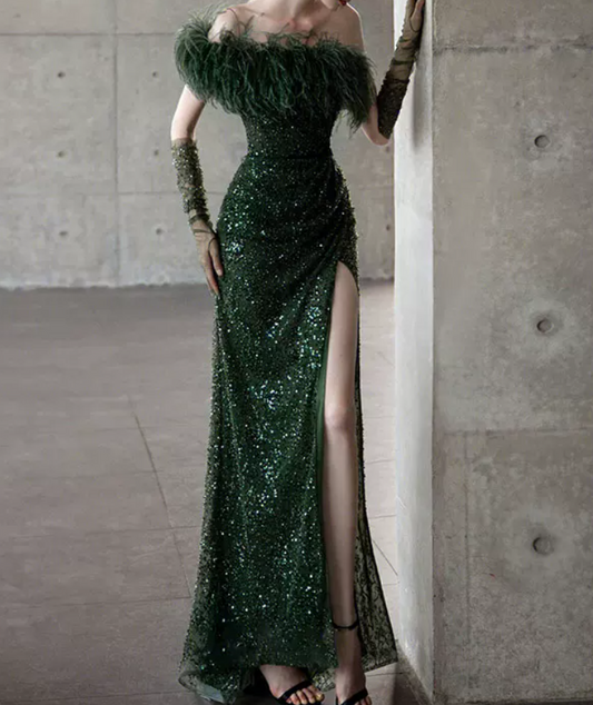 Sleek One Shoulder Green Prom Dress Sequins Feather Slit Mermaid Evening Dress C8952