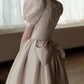 Classy V Neck Beige Prom Dress Short Sleeve Lace Bow A-Line Evening Dress C8953
