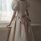 Classy V Neck Beige Prom Dress Short Sleeve Lace Bow A-Line Evening Dress C8953