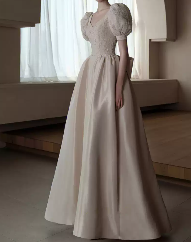 Classy V Neck Beige Prom Dress Short Sleeve Lace Bow A-Line Evening Dress C8953