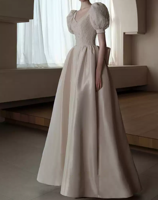 Classy V Neck Beige Prom Dress Short Sleeve Lace Bow A-Line Evening Dress C8953