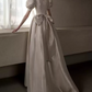 Classy V Neck Beige Prom Dress Short Sleeve Lace Bow A-Line Evening Dress C8953