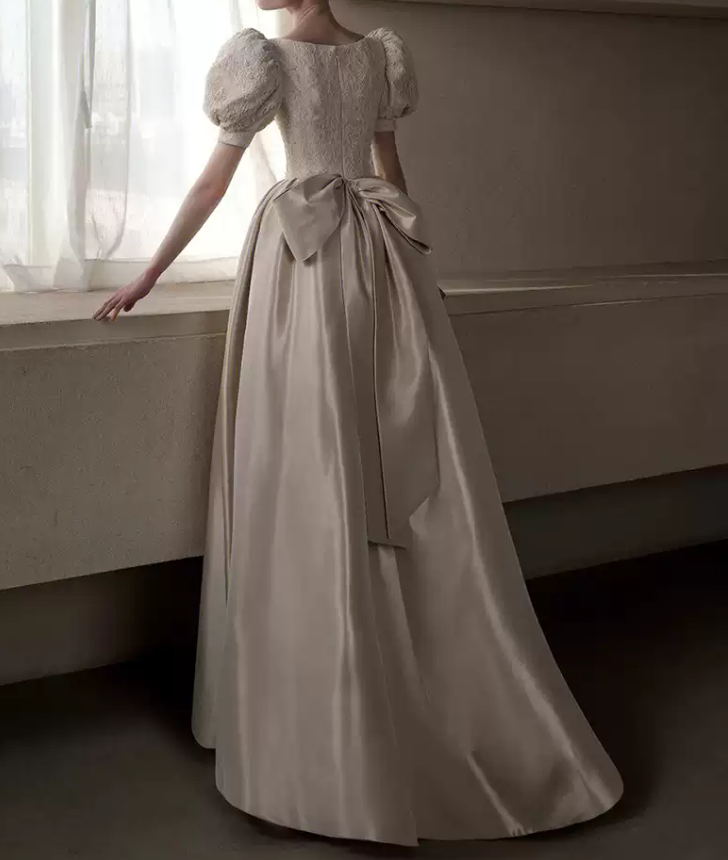 Classy V Neck Beige Prom Dress Short Sleeve Lace Bow A-Line Evening Dress C8953