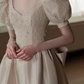 Classy V Neck Beige Prom Dress Short Sleeve Lace Bow A-Line Evening Dress C8953