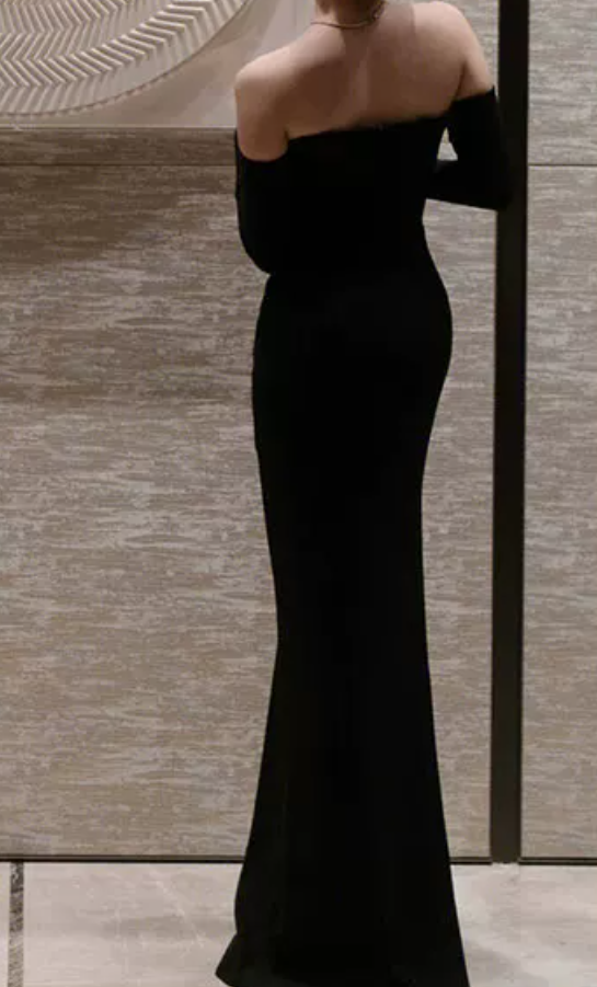 Ornate Long Sleeve Off-Shoulder Prom Dress Black Mermaid Evening Dress C8954
