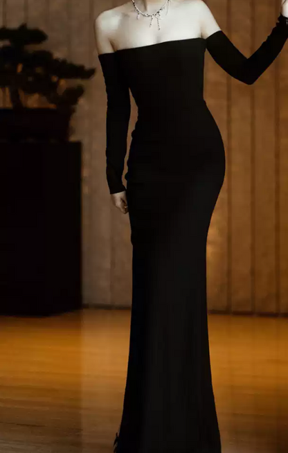 Ornate Long Sleeve Off-Shoulder Prom Dress Black Mermaid Evening Dress C8954
