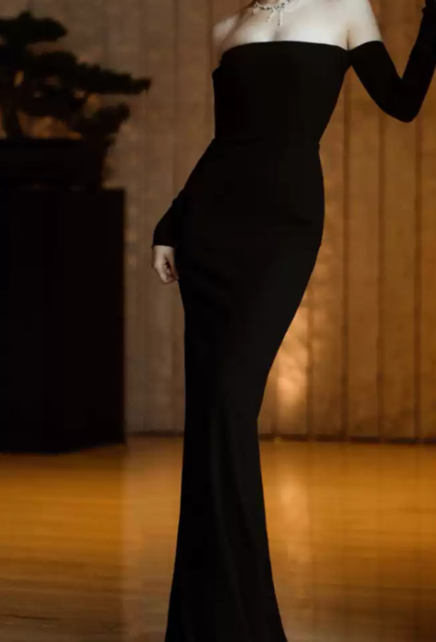 Ornate Long Sleeve Off-Shoulder Prom Dress Black Mermaid Evening Dress C8954