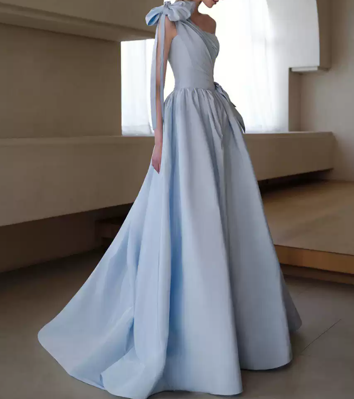 Playful One Shoulder Blue Prom Dress Bows 3D Florals A-Line Evening Dress C8955