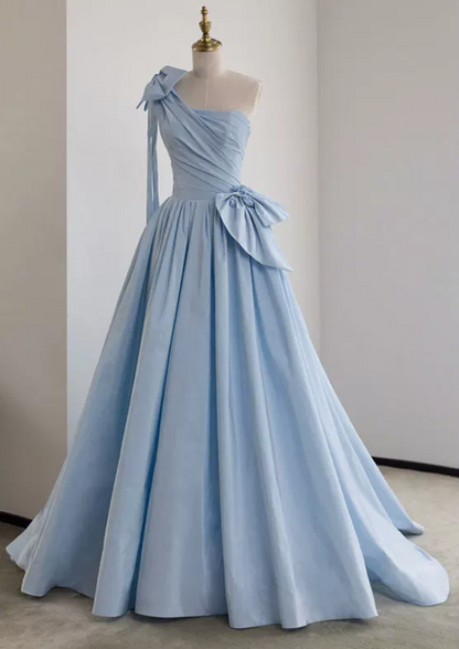 Playful One Shoulder Blue Prom Dress Bows 3D Florals A-Line Evening Dress C8955