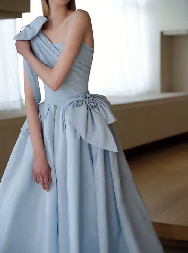 Playful One Shoulder Blue Prom Dress Bows 3D Florals A-Line Evening Dress C8955