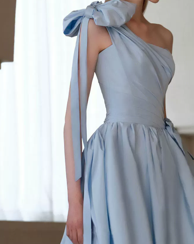 Playful One Shoulder Blue Prom Dress Bows 3D Florals A-Line Evening Dress C8955