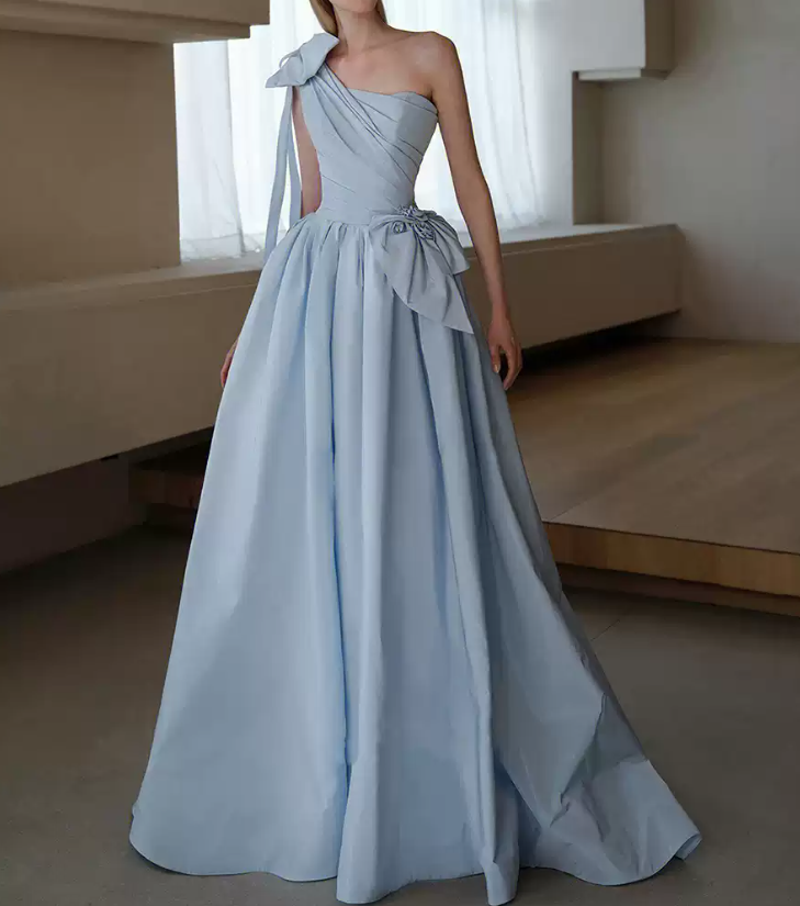 Playful One Shoulder Blue Prom Dress Bows 3D Florals A-Line Evening Dress C8955