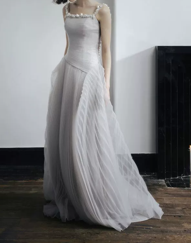 Robe de bal de princesse bustier à volants en satin long, robe de soirée C8117