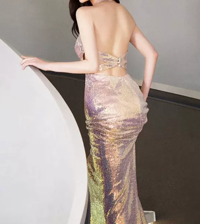 Chic Halter Neck Pink Prom Dress Backless Sequins Mermaid Evening Dress C8961