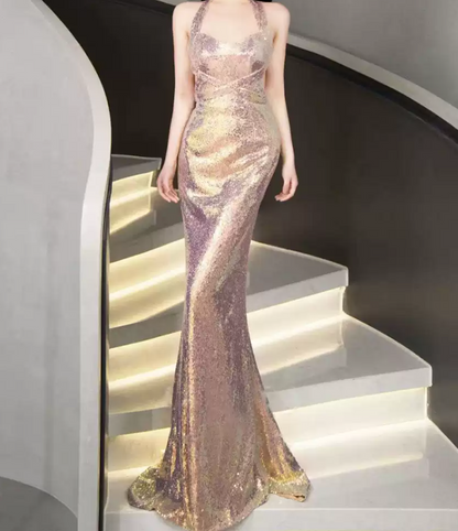Chic Halter Neck Pink Prom Dress Backless Sequins Mermaid Evening Dress C8961