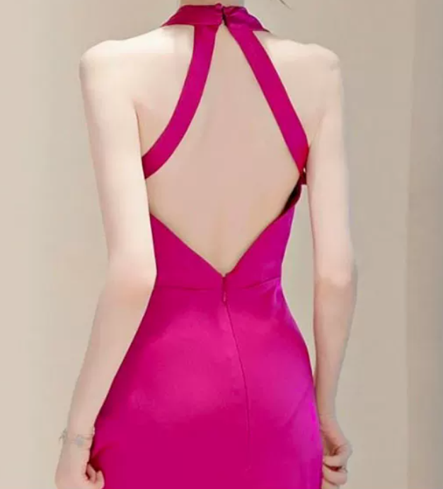 Playful Halter Neck Hot Pink Prom Dress Silt Mermaid Evening Dress C8963