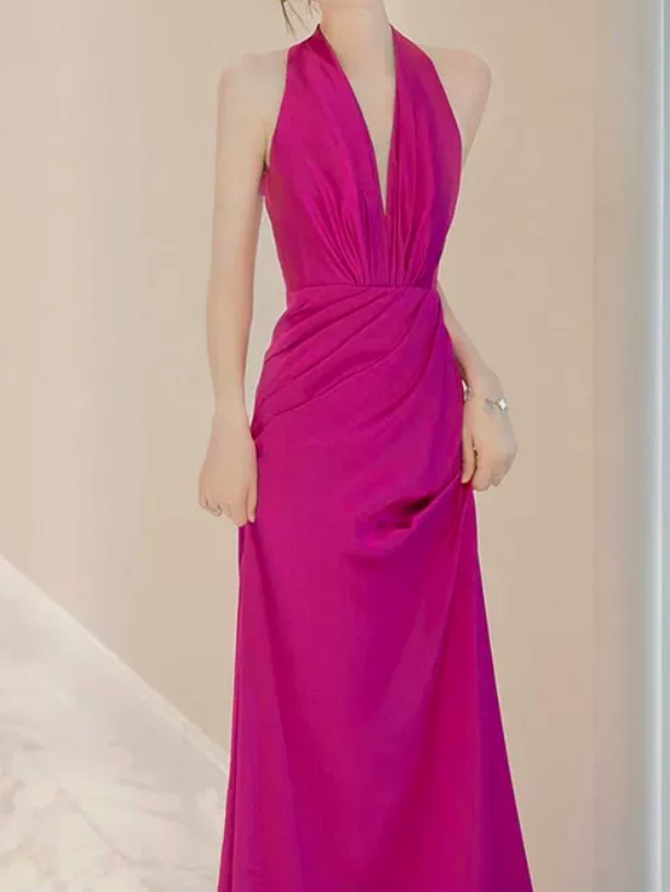 Playful Halter Neck Hot Pink Prom Dress Silt Mermaid Evening Dress C8963