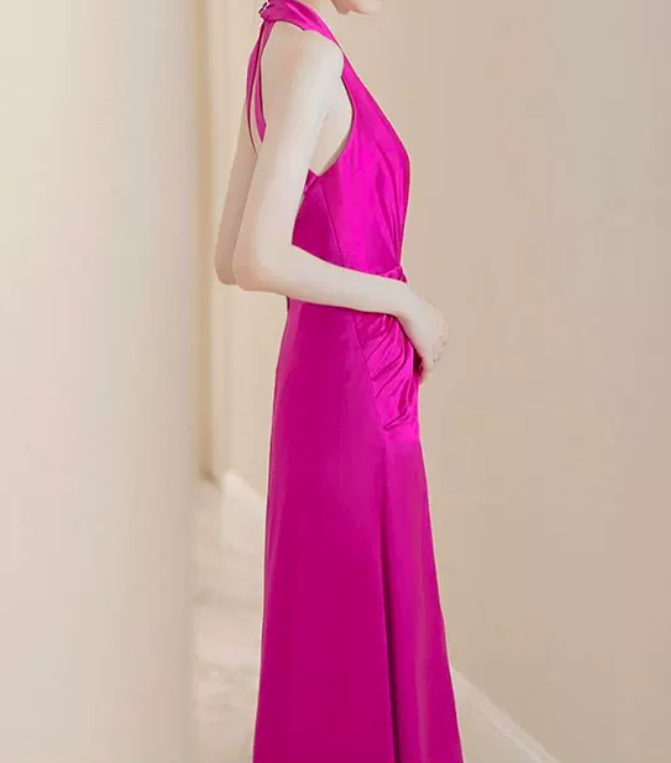 Playful Halter Neck Hot Pink Prom Dress Silt Mermaid Evening Dress C8963