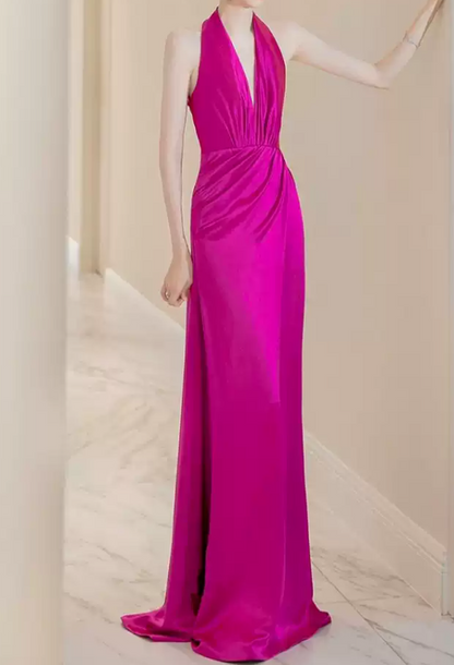 Playful Halter Neck Hot Pink Prom Dress Silt Mermaid Evening Dress C8963