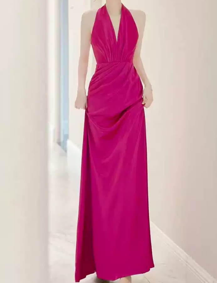 Playful Halter Neck Hot Pink Prom Dress Silt Mermaid Evening Dress C8963