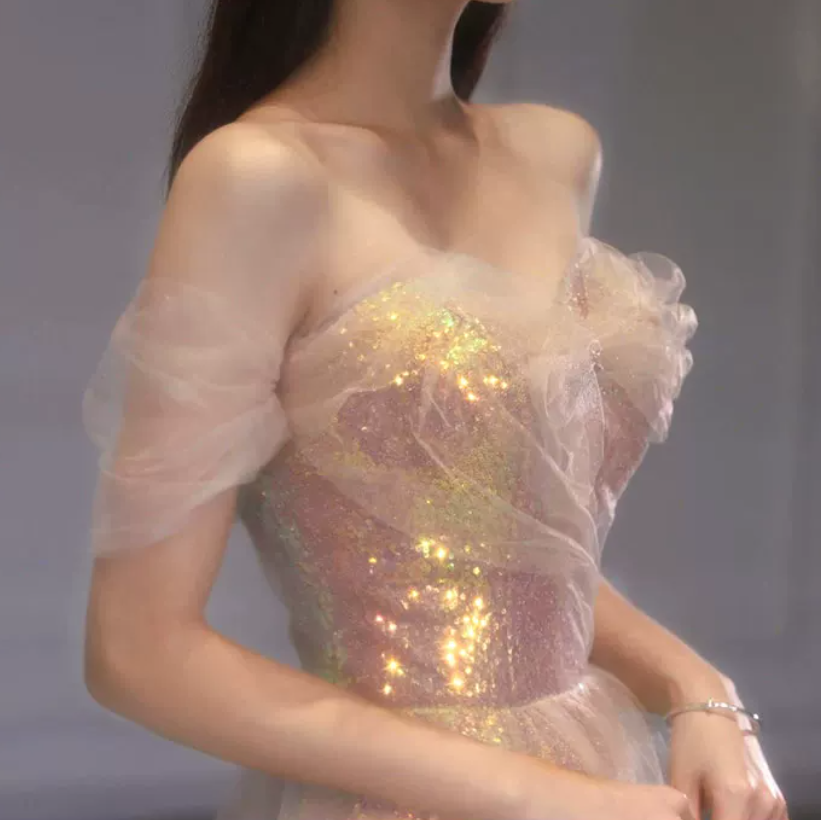 Luxurious Off-Shoulder Pink Prom Dress Sequins Tulle A-Line Evening Dress C8964