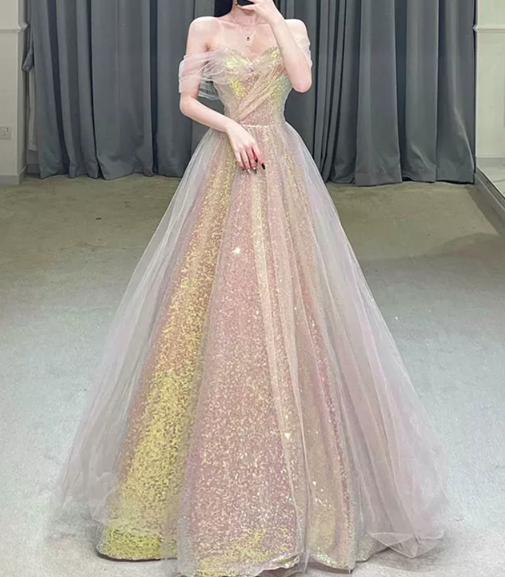 Luxurious Off-Shoulder Pink Prom Dress Sequins Tulle A-Line Evening Dress C8964