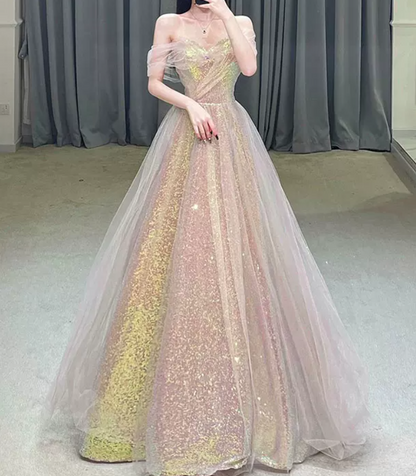 Luxurious Off-Shoulder Pink Prom Dress Sequins Tulle A-Line Evening Dress C8964