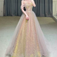 Luxurious Off-Shoulder Pink Prom Dress Sequins Tulle A-Line Evening Dress C8964