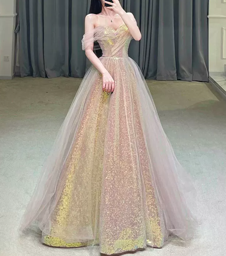 Luxurious Off-Shoulder Pink Prom Dress Sequins Tulle A-Line Evening Dress C8964