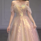 Luxurious Off-Shoulder Pink Prom Dress Sequins Tulle A-Line Evening Dress C8964