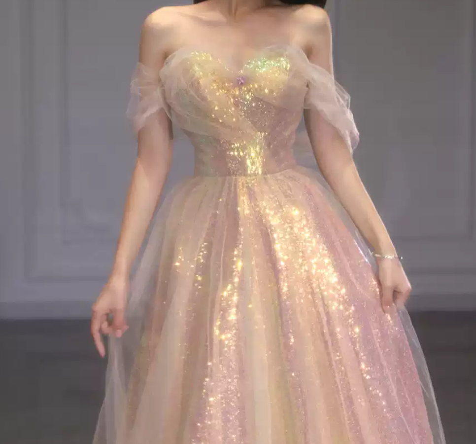 Luxurious Off-Shoulder Pink Prom Dress Sequins Tulle A-Line Evening Dress C8964