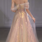 Luxurious Off-Shoulder Pink Prom Dress Sequins Tulle A-Line Evening Dress C8964