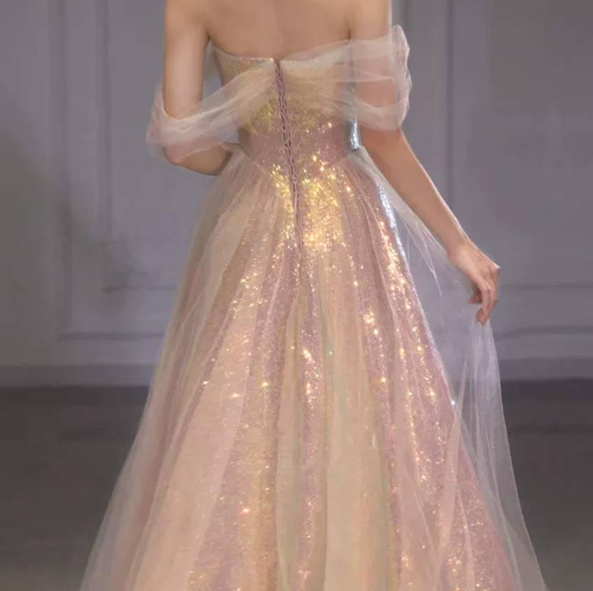 Luxurious Off-Shoulder Pink Prom Dress Sequins Tulle A-Line Evening Dress C8964