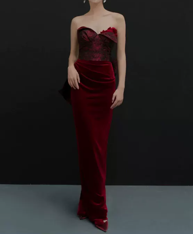 Retro Strapless Red Prom Dress Jacquard Mermaid Evening Dress C8965