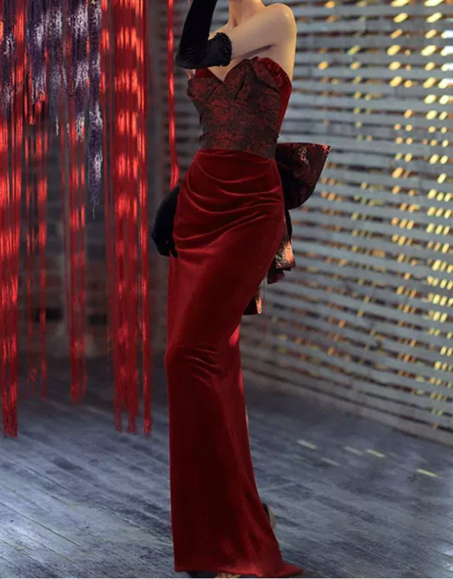 Retro Strapless Red Prom Dress Jacquard Mermaid Evening Dress C8965