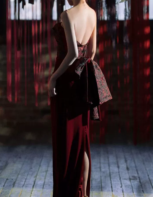 Retro Strapless Red Prom Dress Jacquard Mermaid Evening Dress C8965